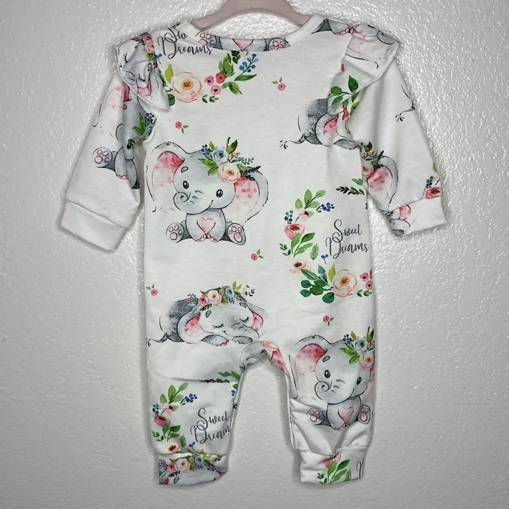 SHEIN Adorable Elephant Sweet Dreams Print Ruffle Onesie 3-6M